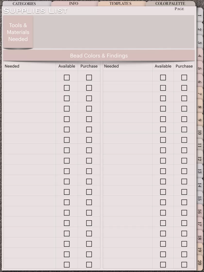 Pattern planner - Supplies List page