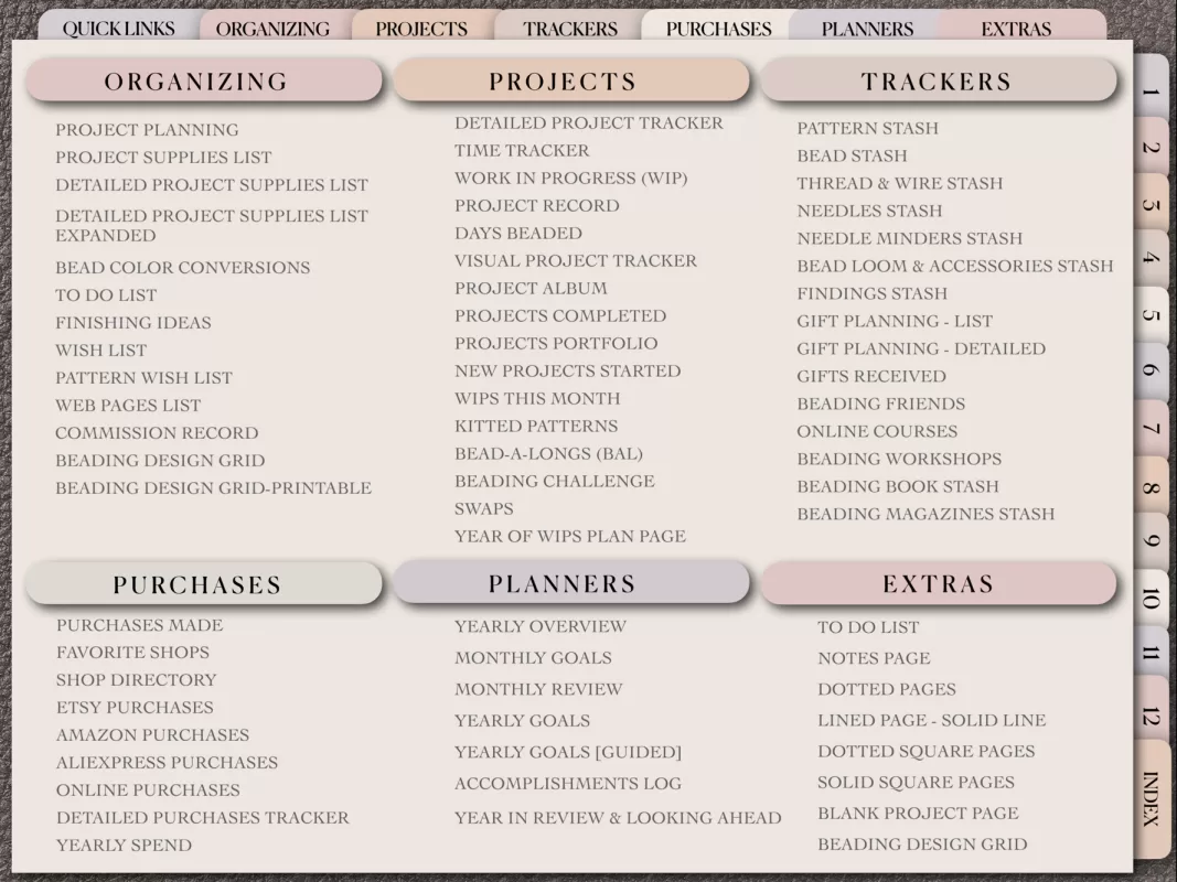 Beading Planner Sections & Layouts