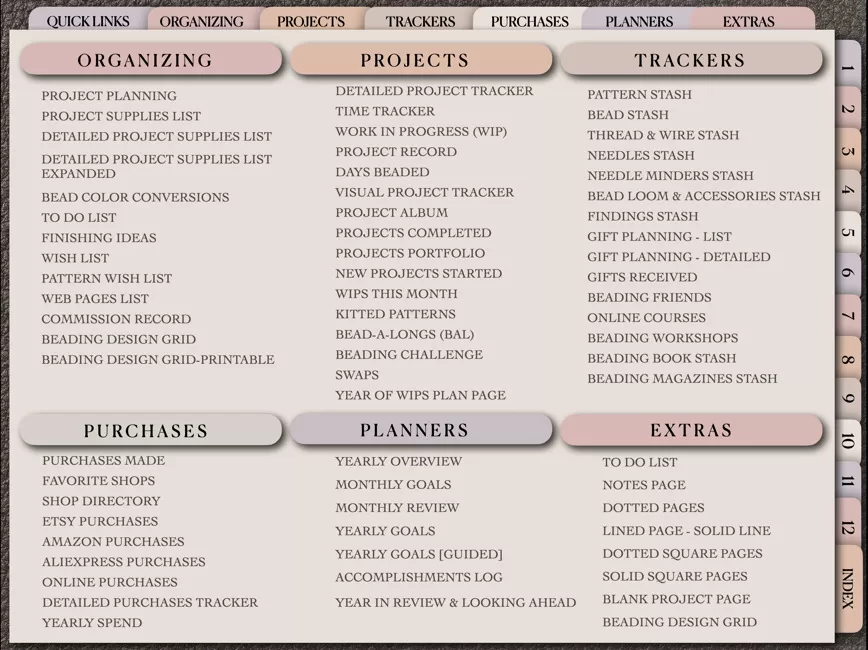 Beading Planner sections & layouts