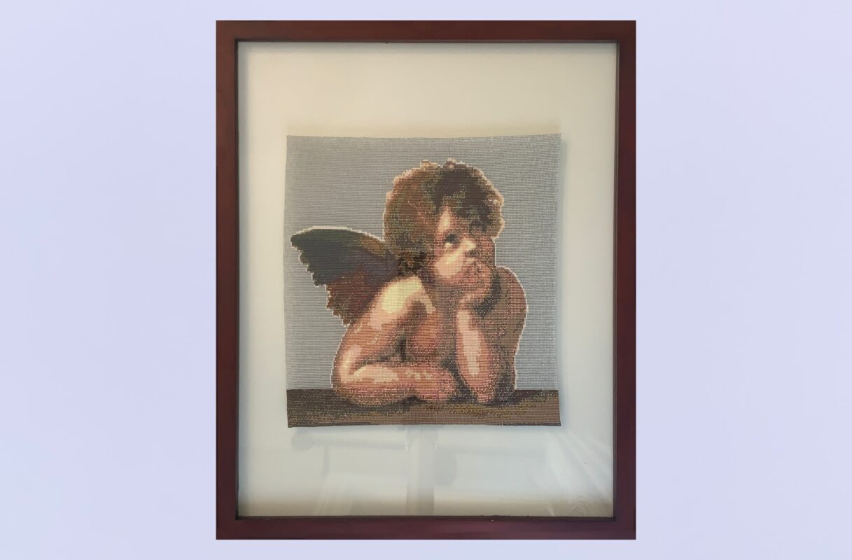 Framed Tapestry with Background-Raphael's Thinking Angel